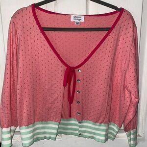 Unique Vintage Pink Knit Top with Red Trim